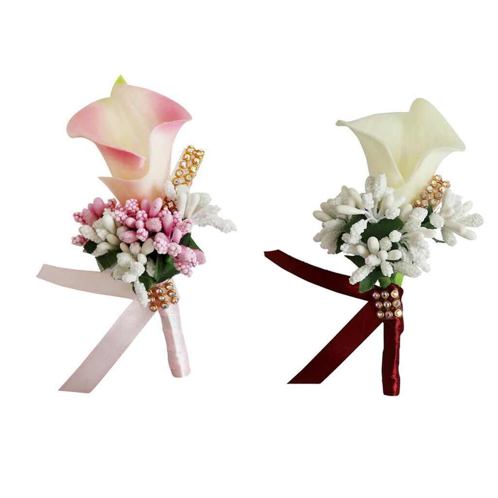2Pcs Cute Calla Berry Rhinestone Groom Bridal Wedding Corsage Peach 2 Colors