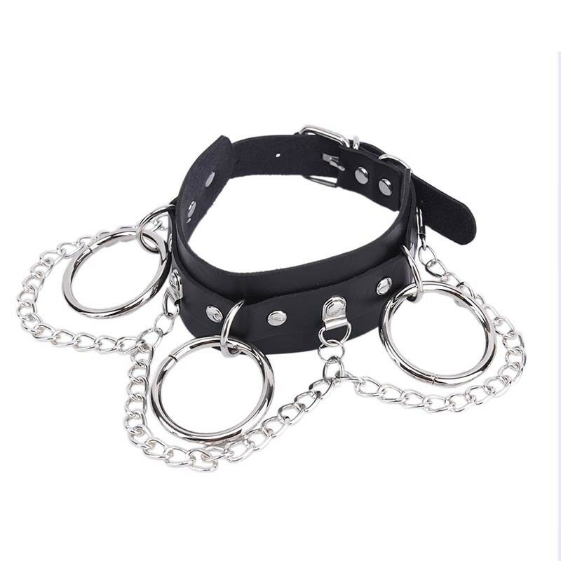 Black Leather Choker Metal Ring Chain Necklace Collar Handmade Goth Punky3BDAU