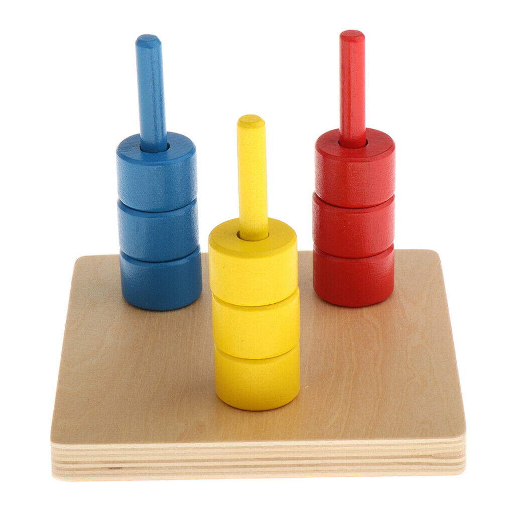 Wood 3 Colors Montessori Discs on 3 Dowel Geometry Toys Kid Math Handcrafted