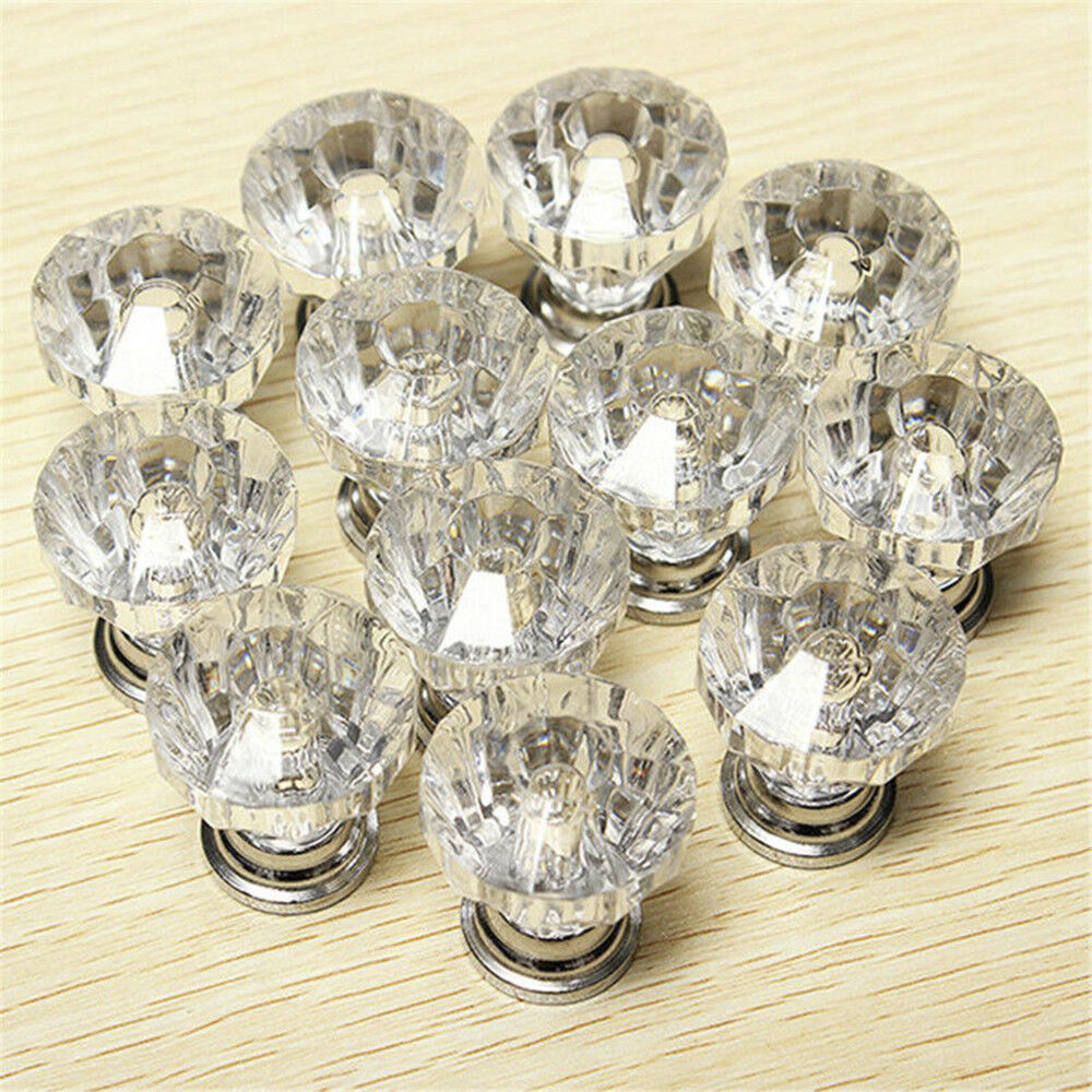 Lot 12Pcs Glass Diamond Crystal Dresser Knobs Drawer Pull Handle Cabinet Door