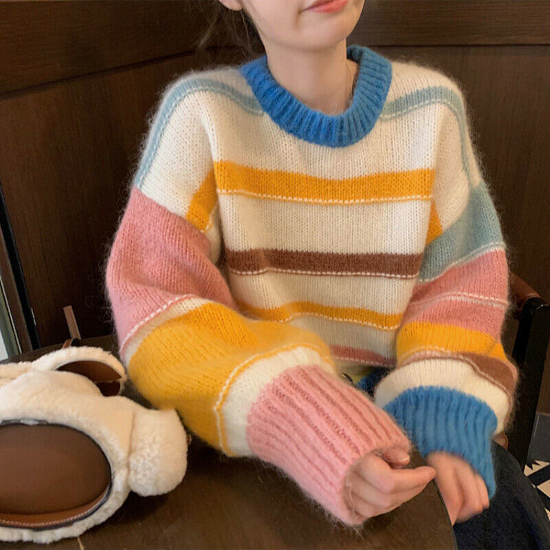 Women Faux Mohair Striped Sweater Jumper Preppy Knitwear Blouse Tops Pullover