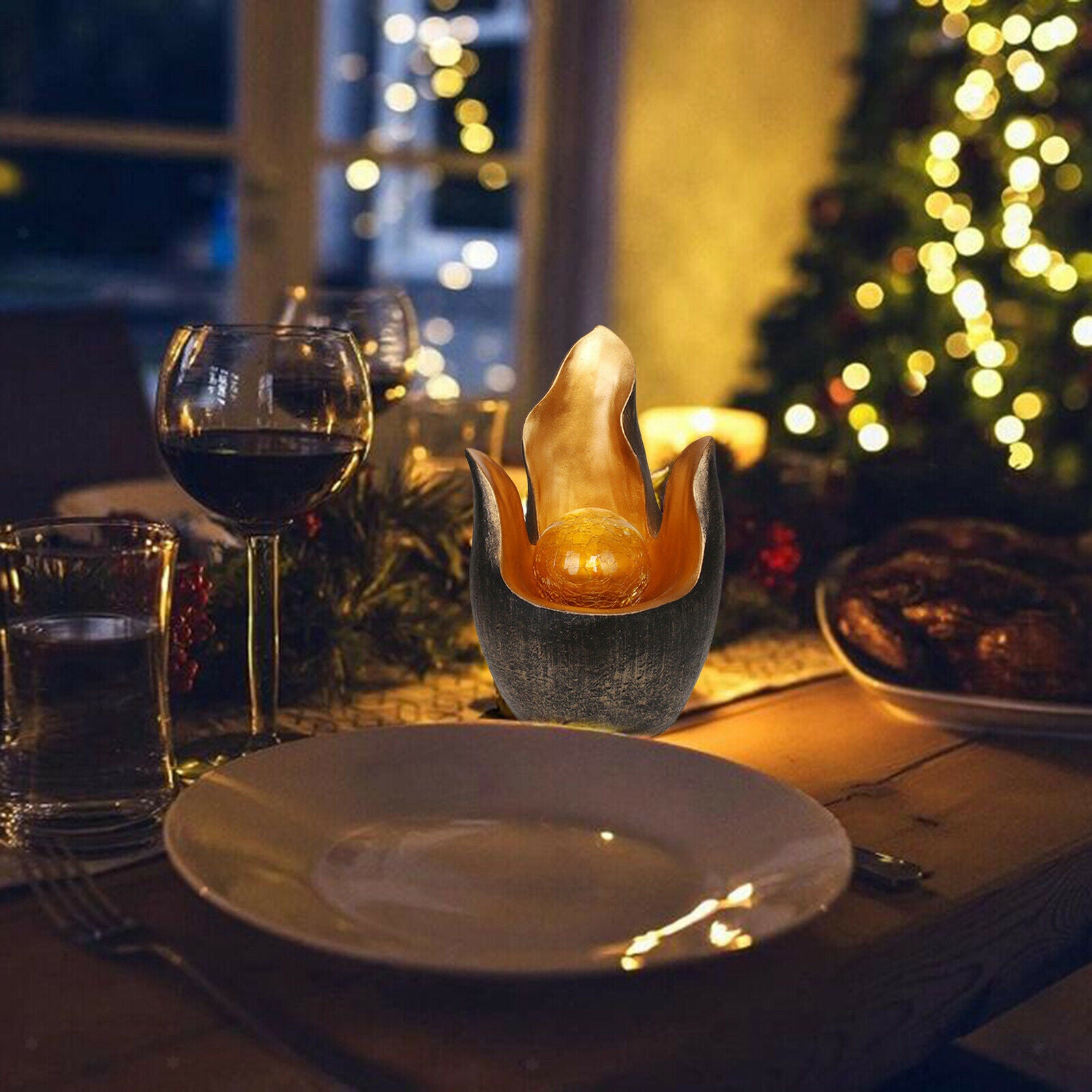 Flower Solar LED Light Lamp Amber Crackle Globe Glass Outdoor Waterproof