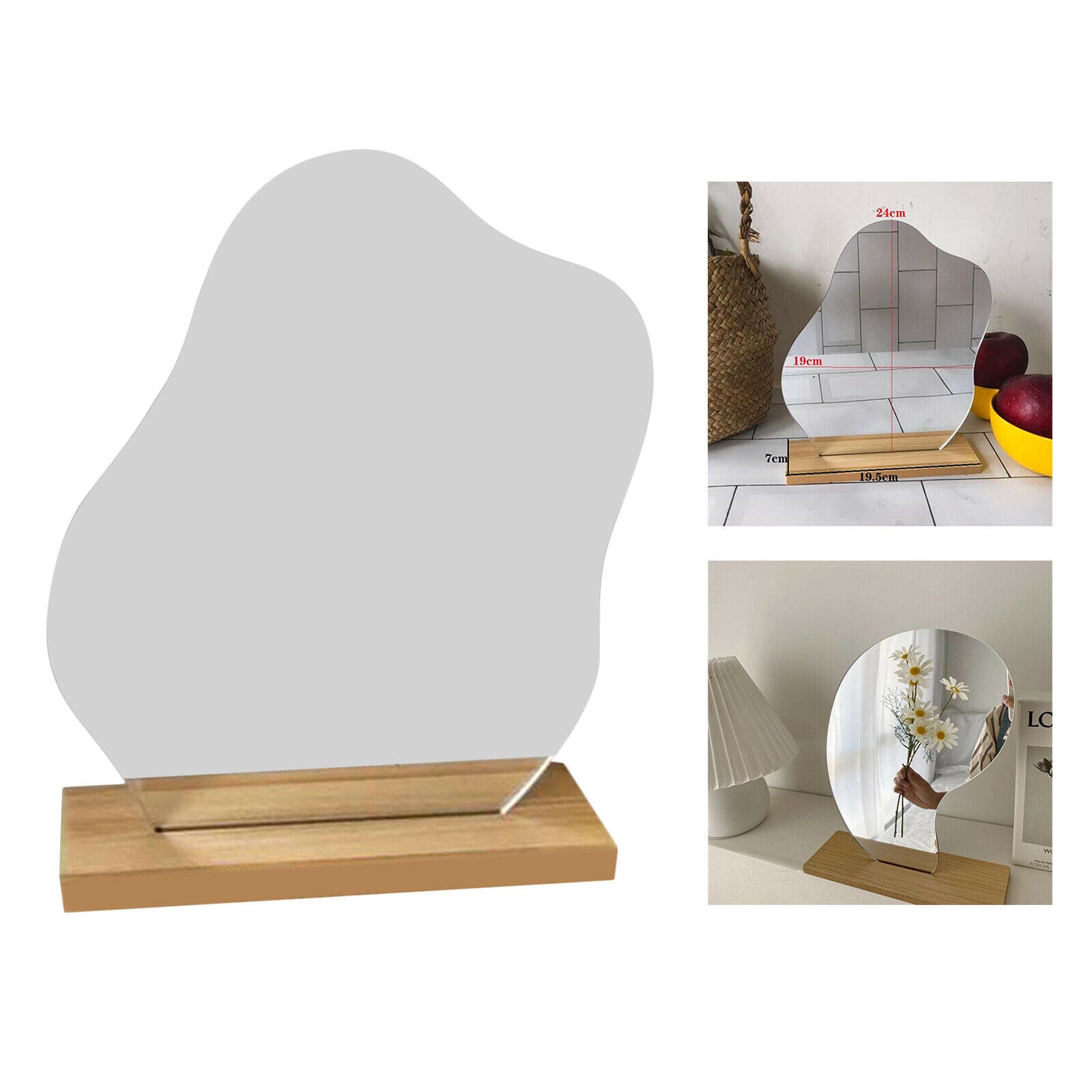 Acrylic Mirrors Irregular Cosmetic Makeup Mirror Wooden Base Decor 24x19cm