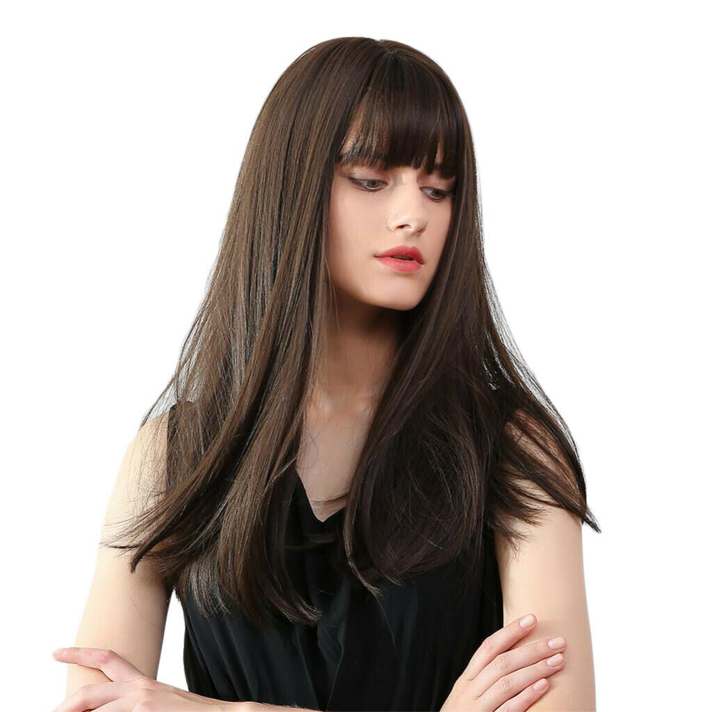 Lady Heat Friendly Straight Wigs With Bangs Daily Party Wig Dark Brown