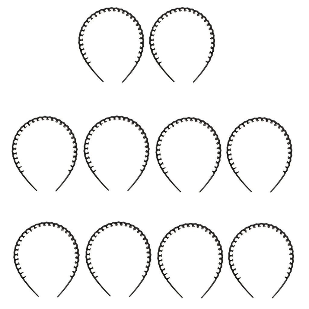 10Pc Plain Black Headband No-slip Grip Long Teeth Hair Head Band 8mmm Wide