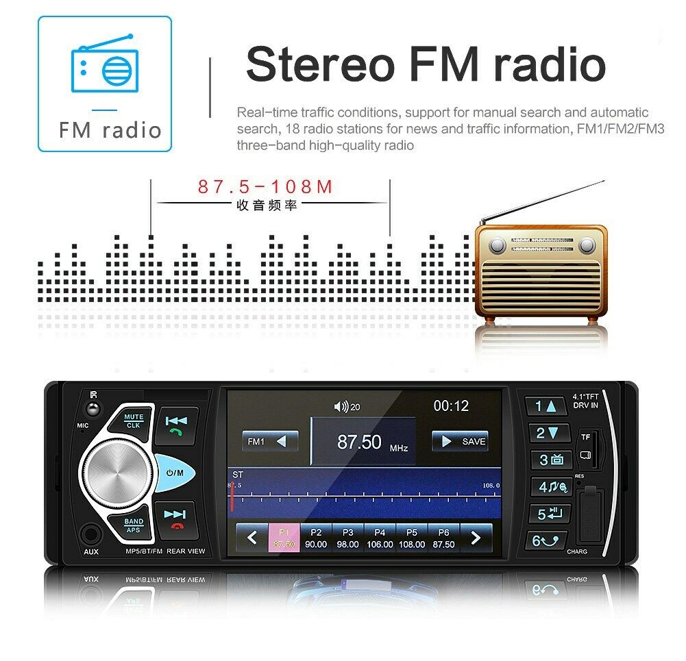 4.1 Inches Car Radio Stereo 1DIN Bluetooth FMB AUX Audio MP5 Player + Camera