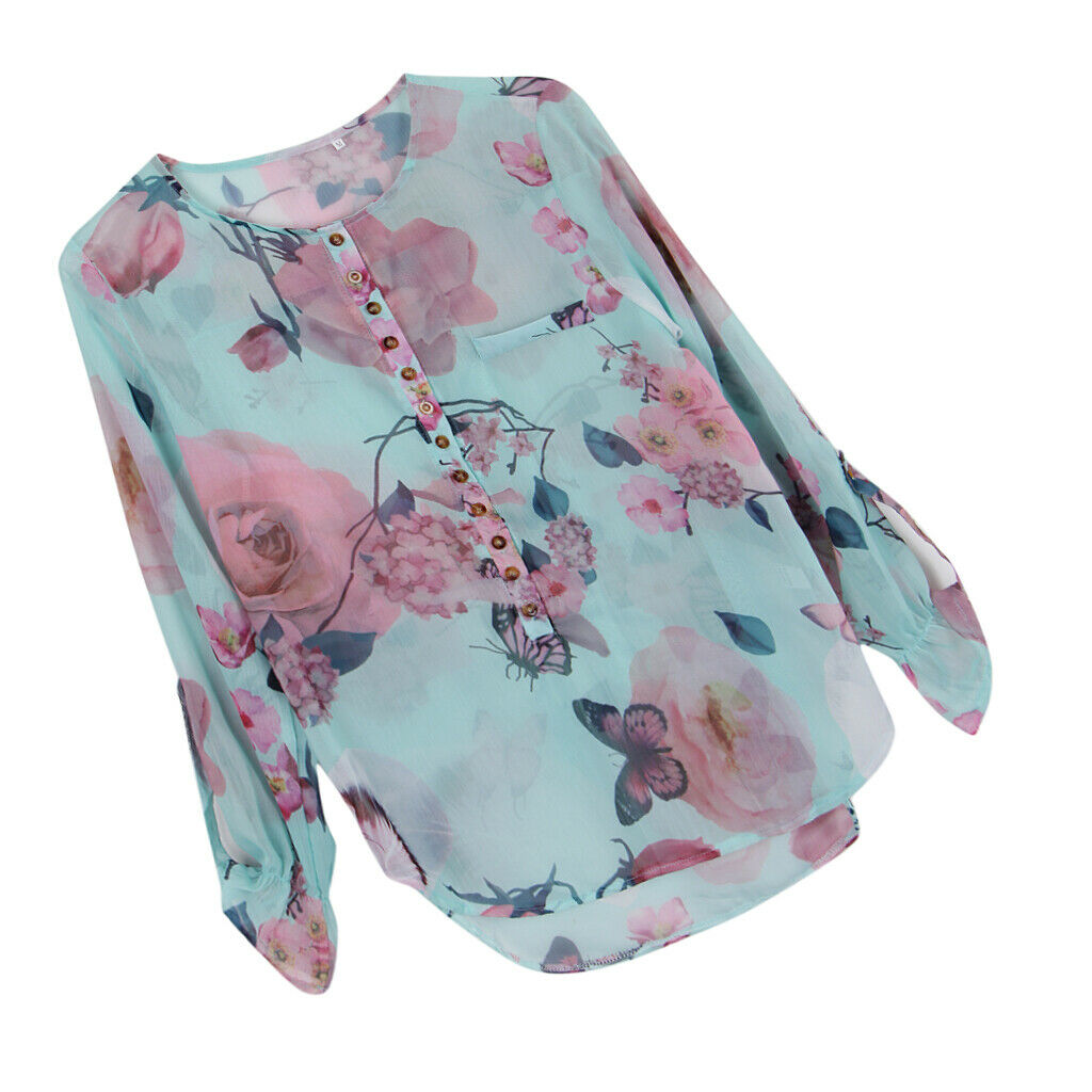 Plus Size Women Floral Butterfly Beach Button T-Shirt Chiffon Top 2XL Green