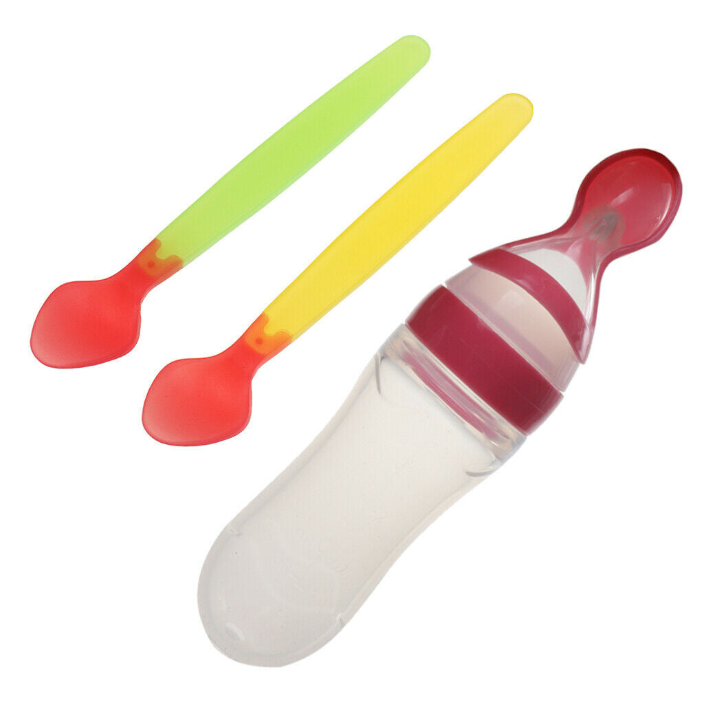 Kids Baby Silicone Feeding With Spoon Feeder Food Bottle+Heat Sensing Spoon