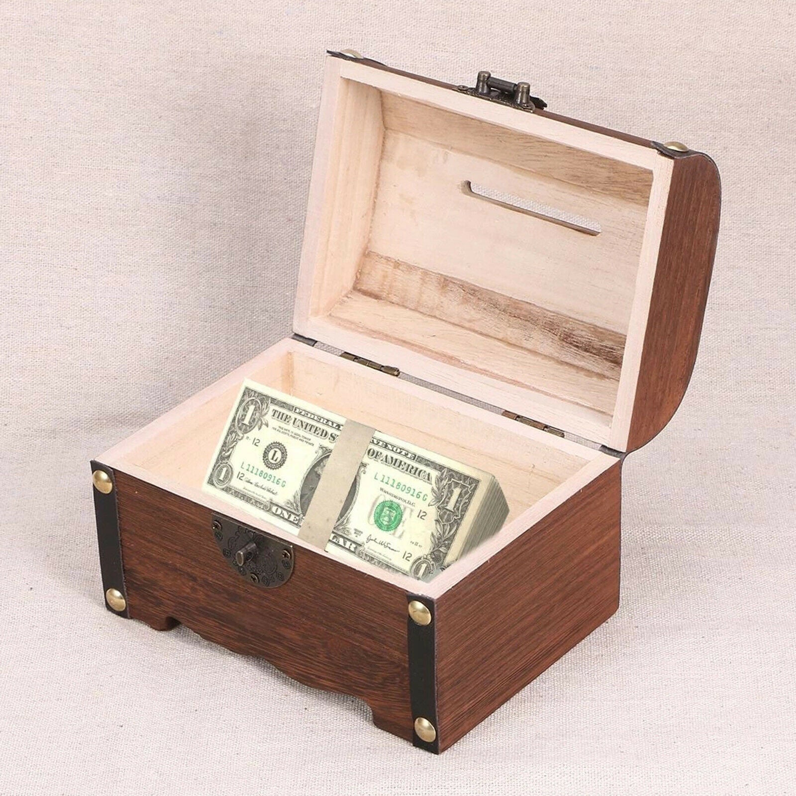 Wooden Treasure Chest Retro Coin Hobby Storage Box Desk Case Piggy Bank