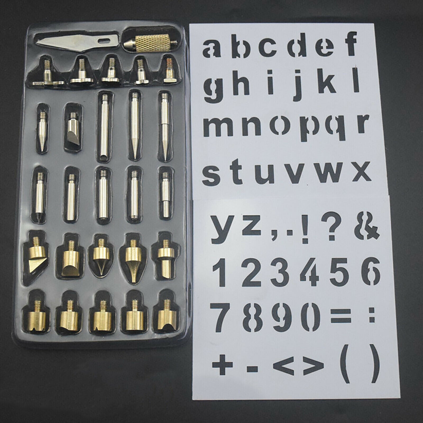 28x Metal Wood Burning Pen Tips Stencil Set Soldering Iron Carving Embossing Kit