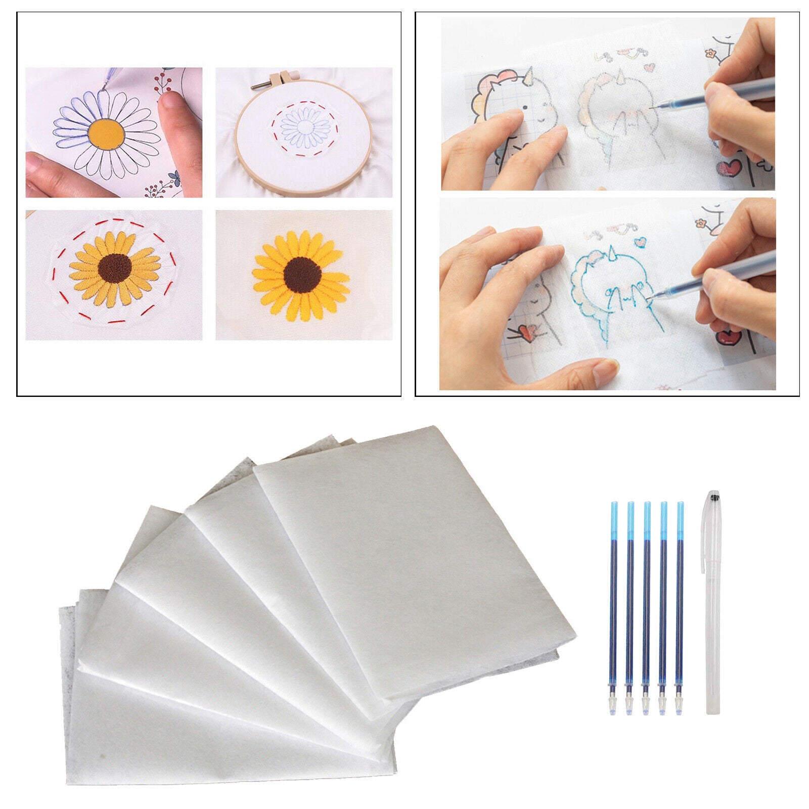 5 Pcs 50x50cm Cross Stitch Water Soluble Embroidery Stabilizer with Pens