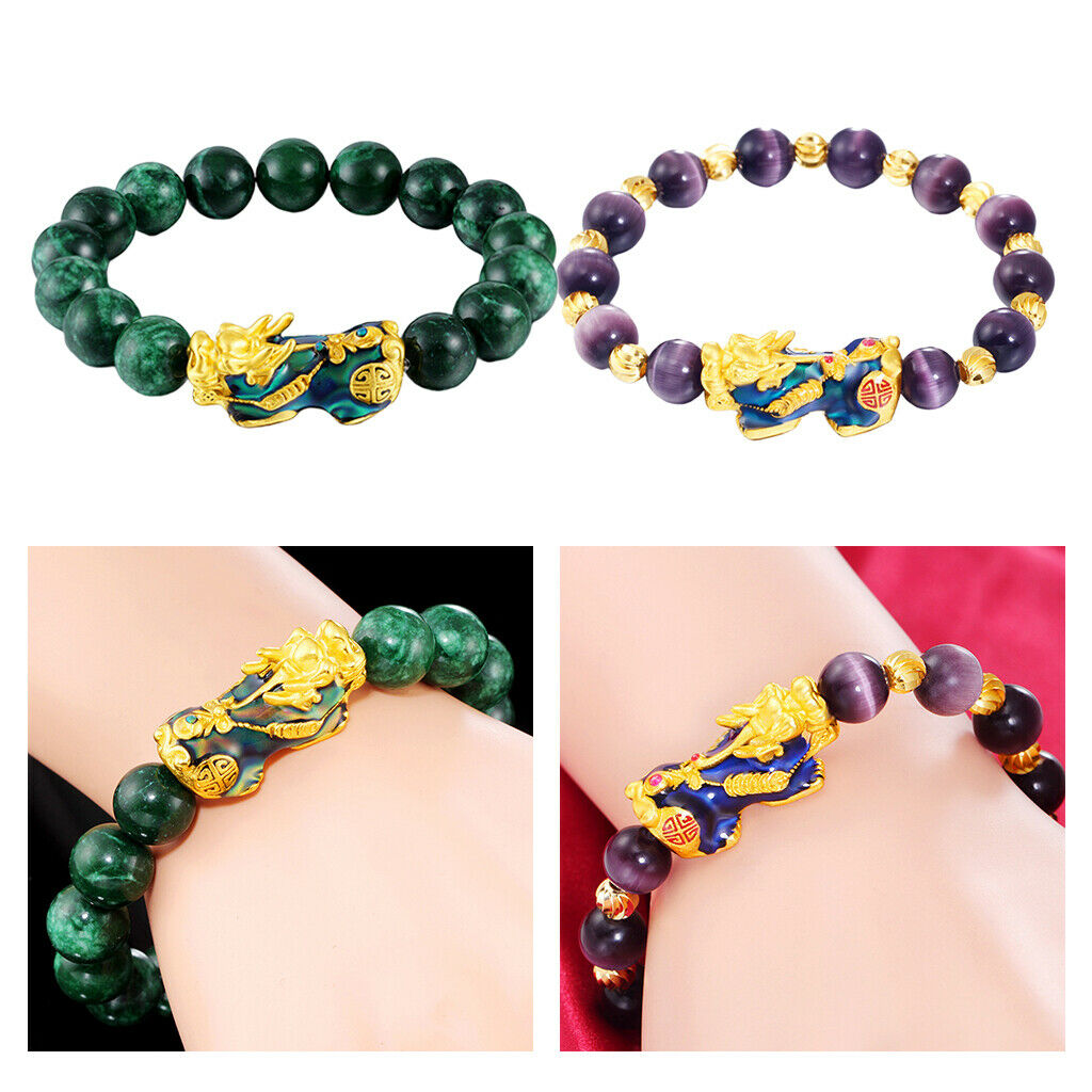 2x Feng Shui Prosperity Mantra Obsidian Pixiu Charms Alloy Bracelet Jewelry