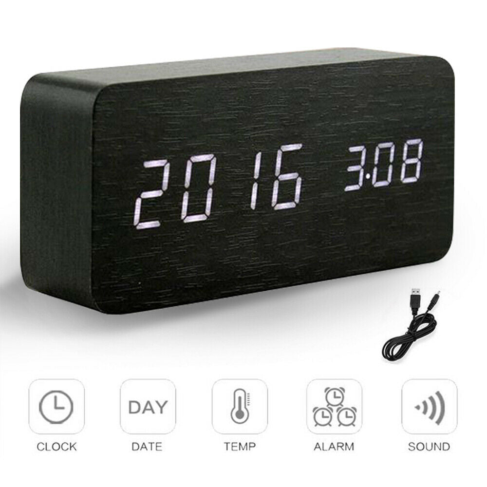 Digital LED Desk Table Alarm Clock Wooden Temperature Alarm Modern Home Decor