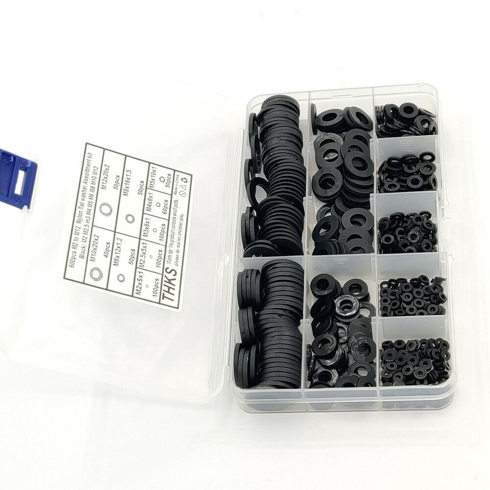 M2-M12 + Box Black Nylon Flat Washers Gasket Assortment Kit 600Pcs 9 Sizes