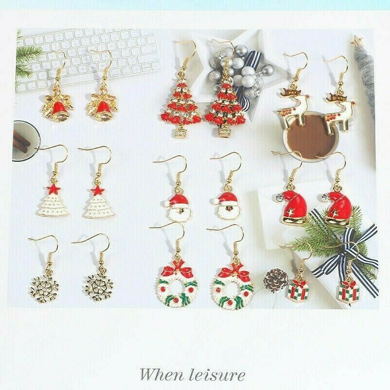 New 9 Pairs Alloy Ear Pendants Christmas Decorations Women Gift Earrings Jewelry