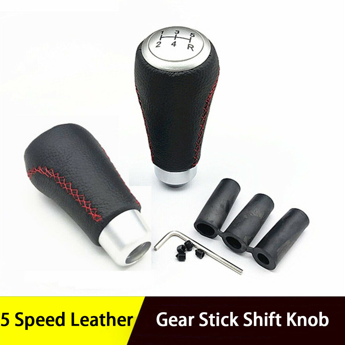 5 Speed Manual Gear Stick Shift Knob Handle Black & Red Line Leather Universal