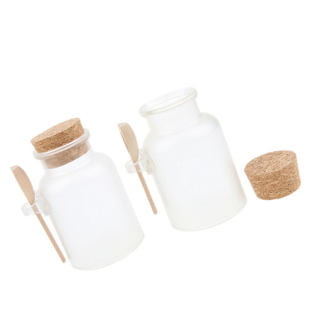 2 Pcs Bath Salt Bottle Wood Spoon Round Cosmetic Cork Jar Container 200g