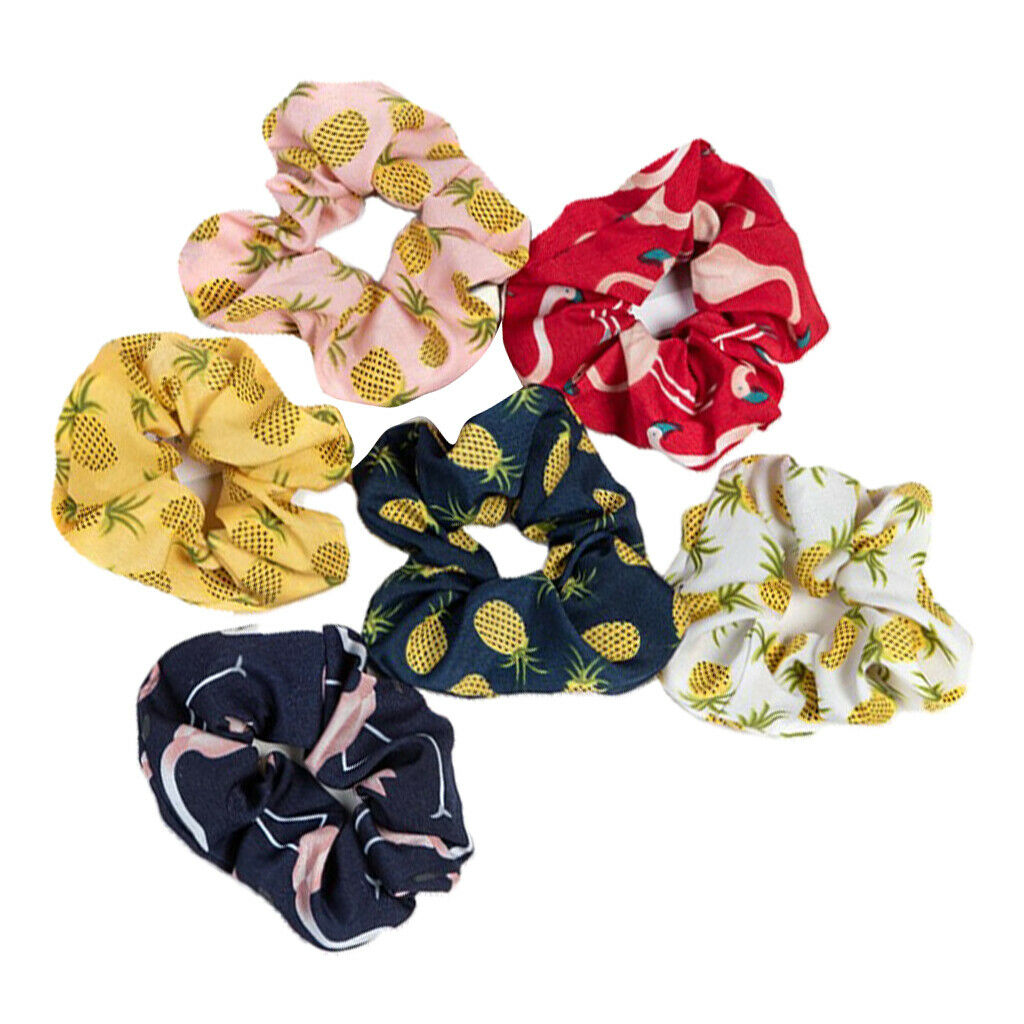 6Pack Ladies Satin Hair Scrunchies Pineapple Printed Hair Cord Scrunchy