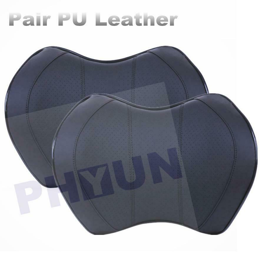 2pc Black Leather Car Seat Neck Pillow Auto Memory Foam Headrest Travel Cushion