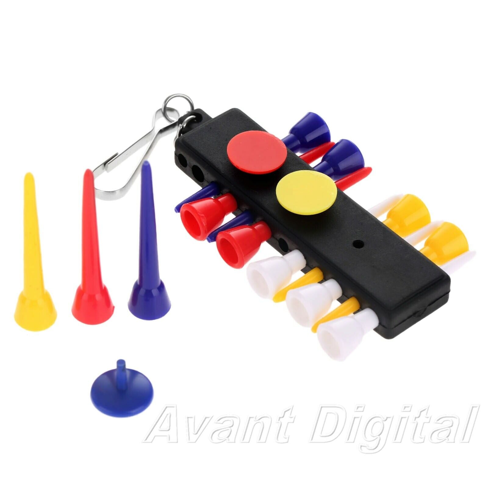 Rubber Plastic Golf Tee Black Holder With 12 Tees & 3 Ball Markers & Keychain
