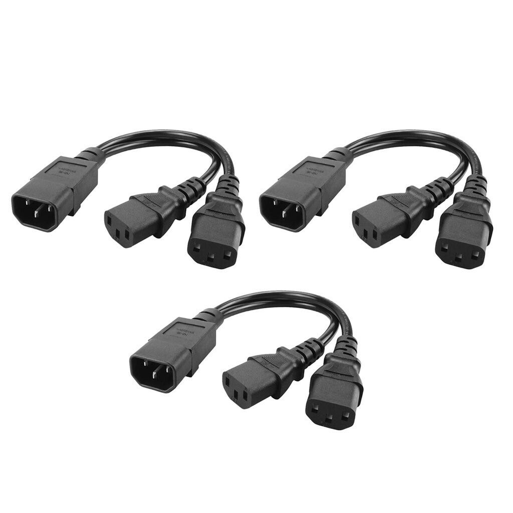 3Pcs Black PVC 1-to-2 Y-Cable IEC320-C14 to 2C13 Cord Convertor Assy 350mm