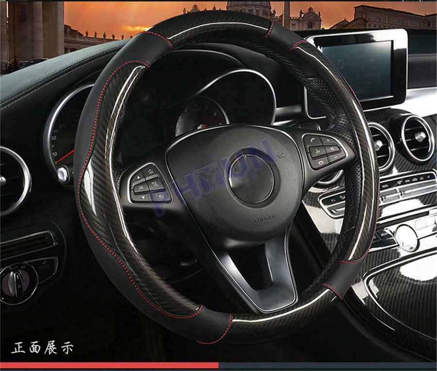 38cm Black Car Steering Wheel Cover Non-slip Leather Carbon Fiber Braid Style