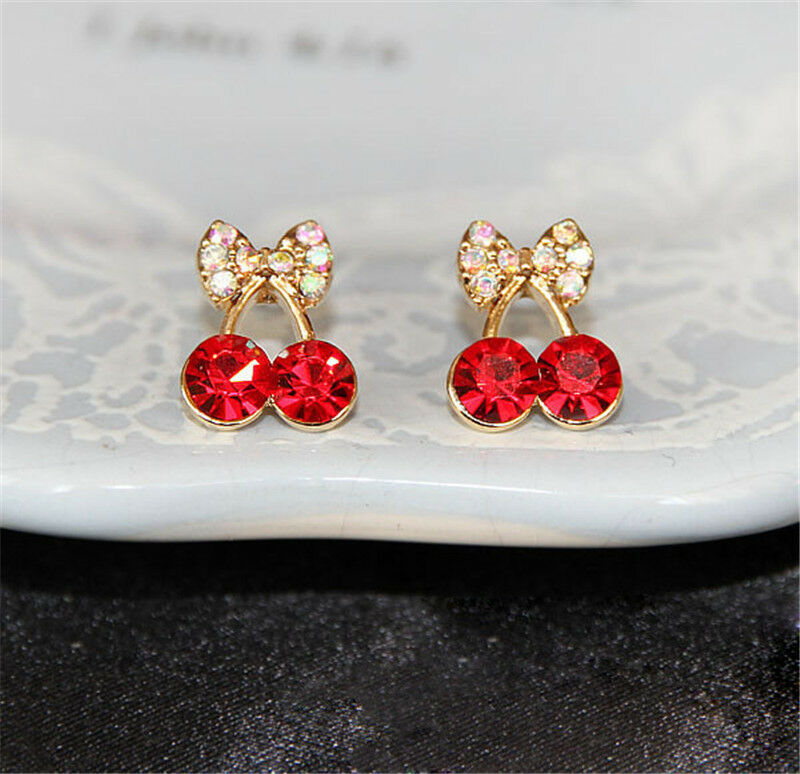 Women's Sweet Charm Crystal Cherry Bowknot Stud Earrings Rhinestone EarrinLDU Qx