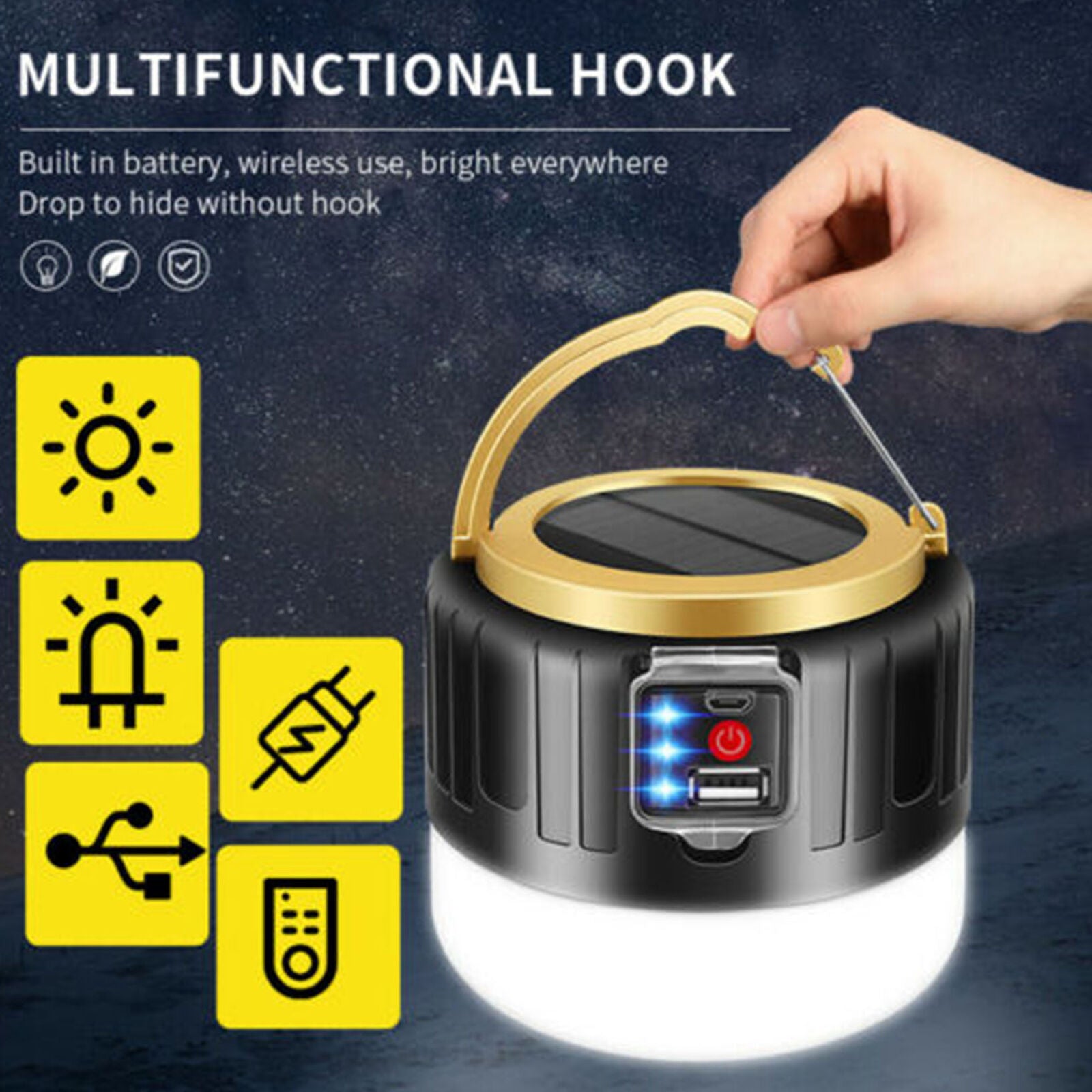 280W Solar LED Camping Light Tent Lamp USB Rechargeable Bulb Lantern Flashlight