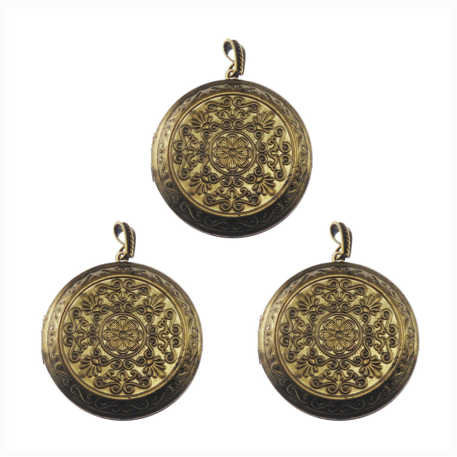 2 pcs Flower Pattern Round Locket Antiqued Bronze Brass Pendant Findings 44mm