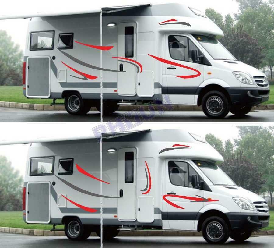 2x Red + Grey Car Stripes Graphics Decals Stickers For Caravan Trailer Camper RV
