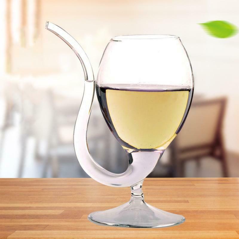 300ml  Red Wine Glass Transparent Cup Mug With Built in Drinking Tube Straw Wate