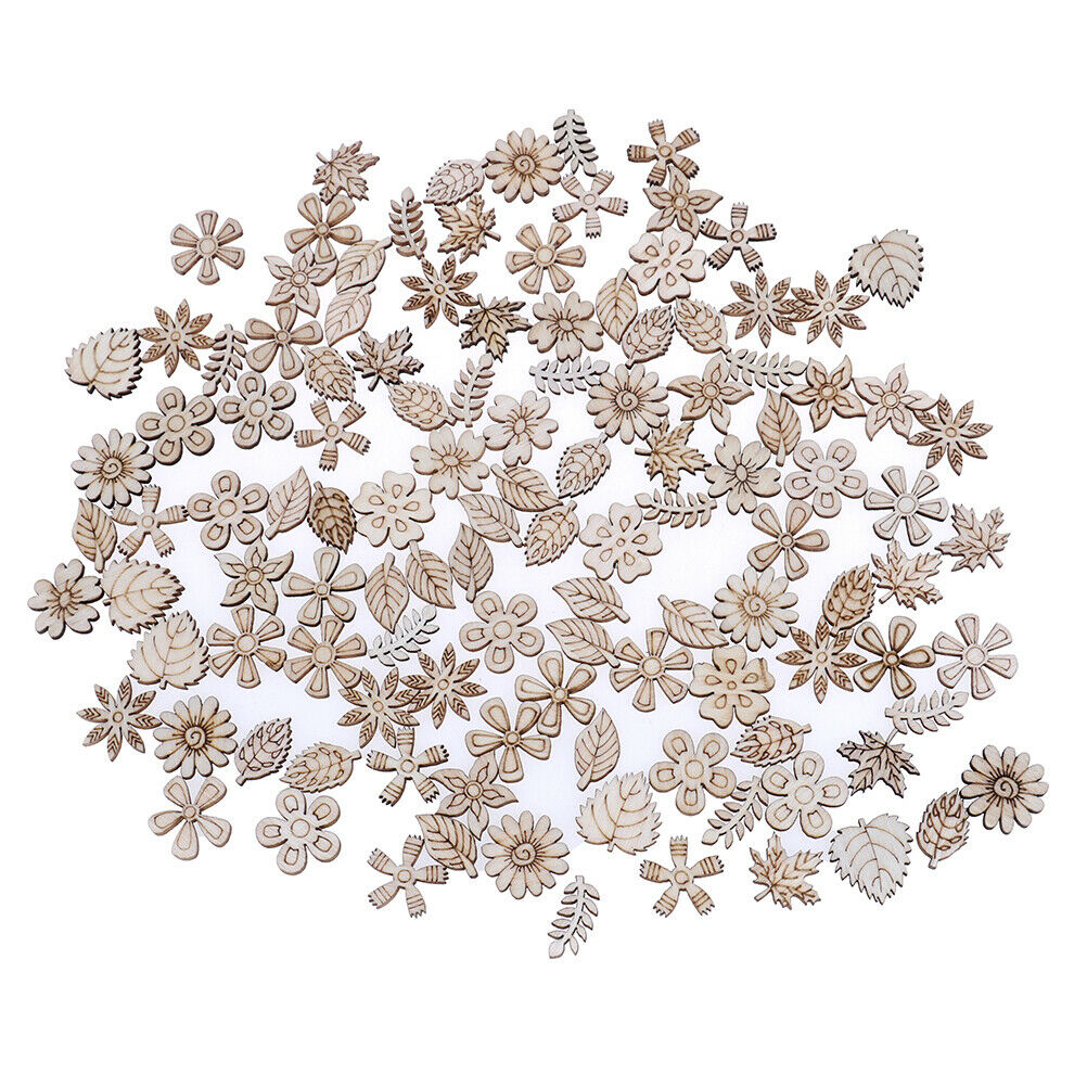 100pcs Wood Flowers and leaves Embellishment Wooden Shape Craft Wedding DecoY SJ