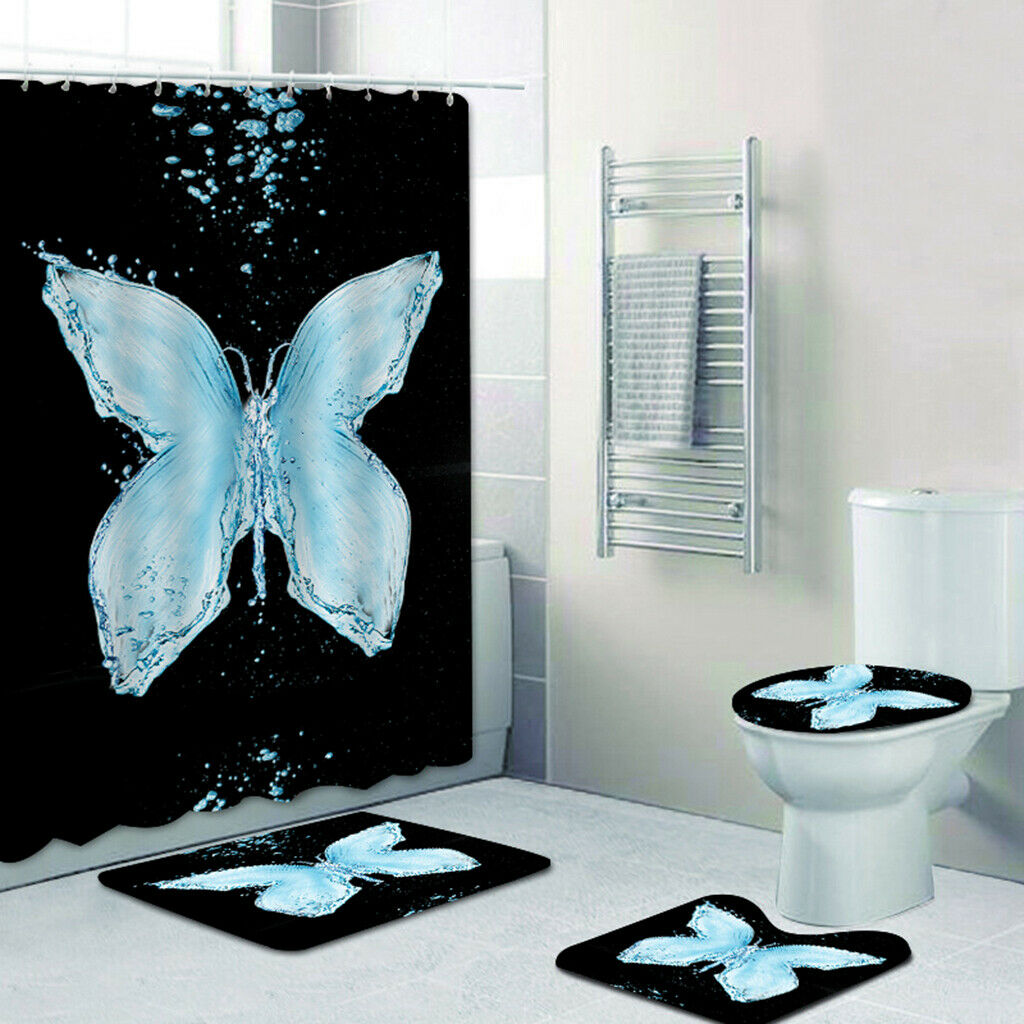 Non-Slip Bath Mat Contour Mat Toilet Lid Cover Shower Curtain Butterfly B