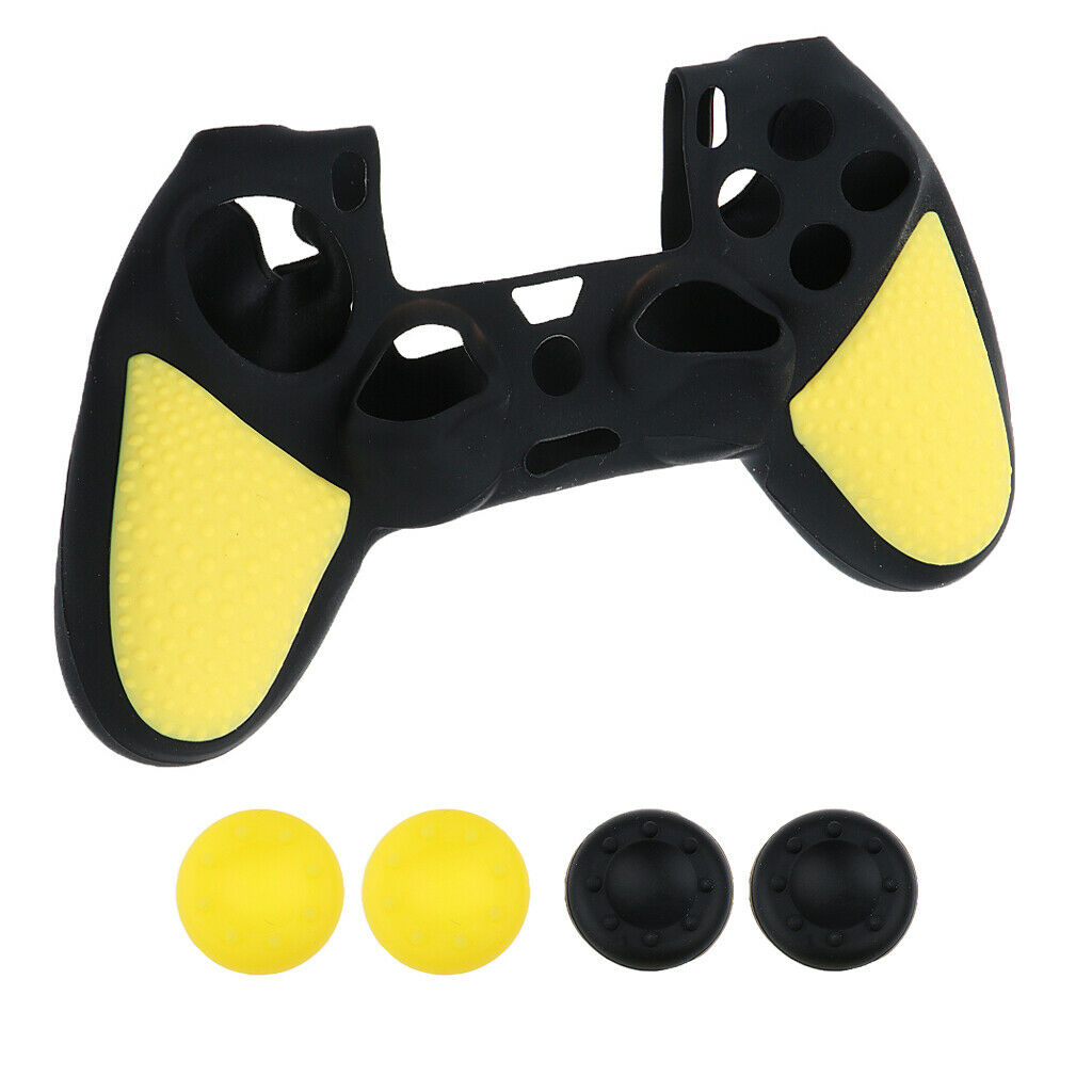 Silicone Cover Case Skin + 4Pieces Joystick Caps for PS4 Controller Yellow