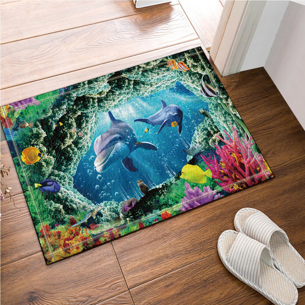 Dolphins Under Sea Bathroom Rug Non-Slip Floor Indoor Front Door Mat 16x24"