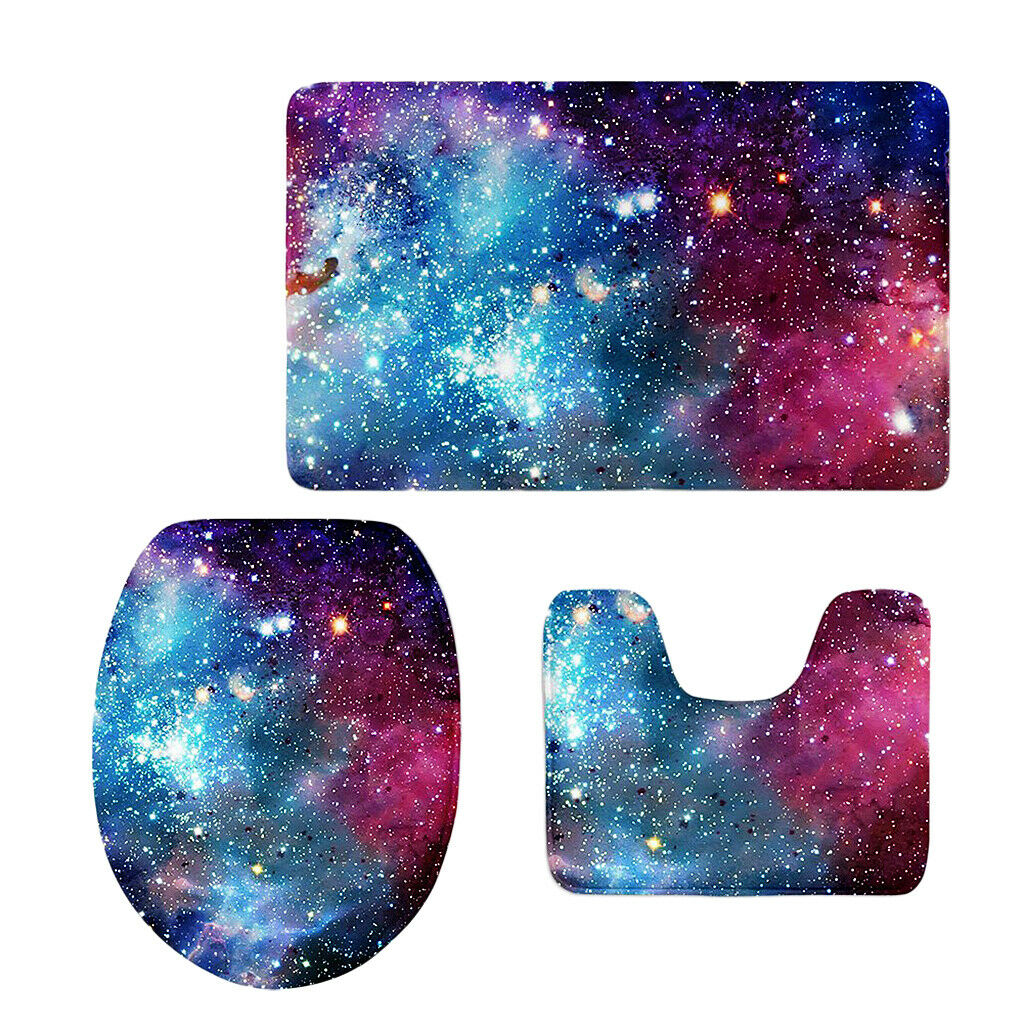 3 Pieces Combo Starry Sky Print Toilet Lid Non Slip Bathmat Bathroom Rug #2