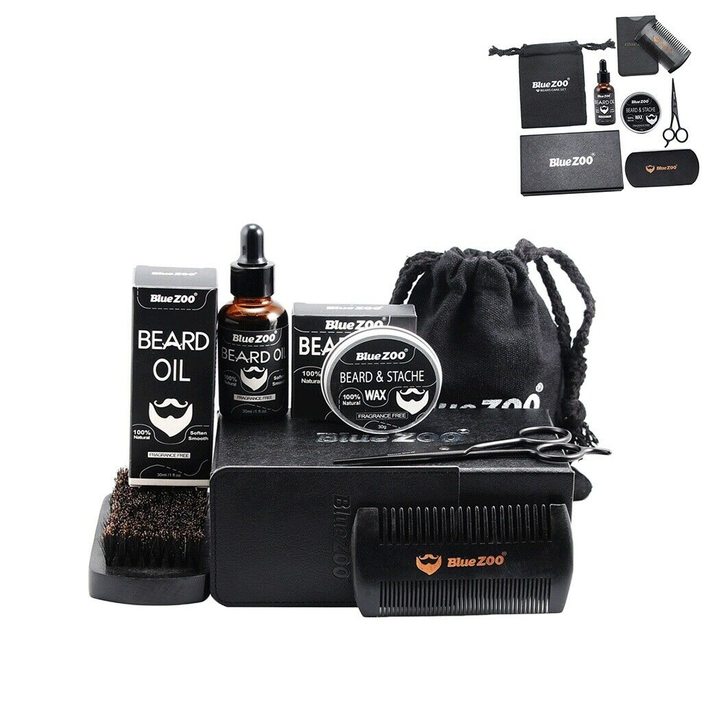2 Set Men Grooming Kit Beard Balm Oil Wax Mustache Comb Brush Bag Scissors