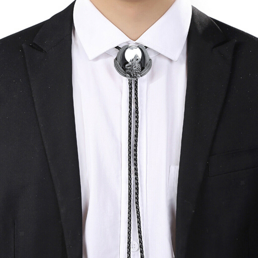 2 Pieces Retro Howling Wolf Bolo Tie Western Cowboy Leather Bola Necktie for Men