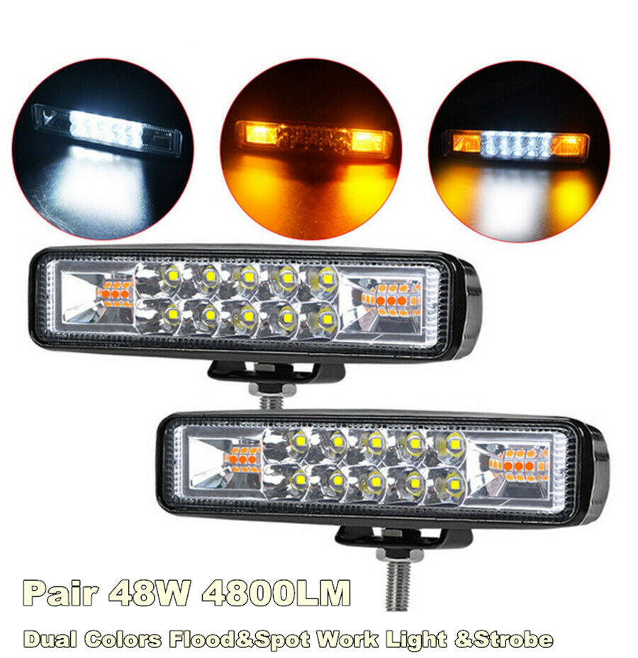 1 Pair 6 inch 48W 4800lm White Spot Beam+Amber Flood Beam LED Strobe Work Light