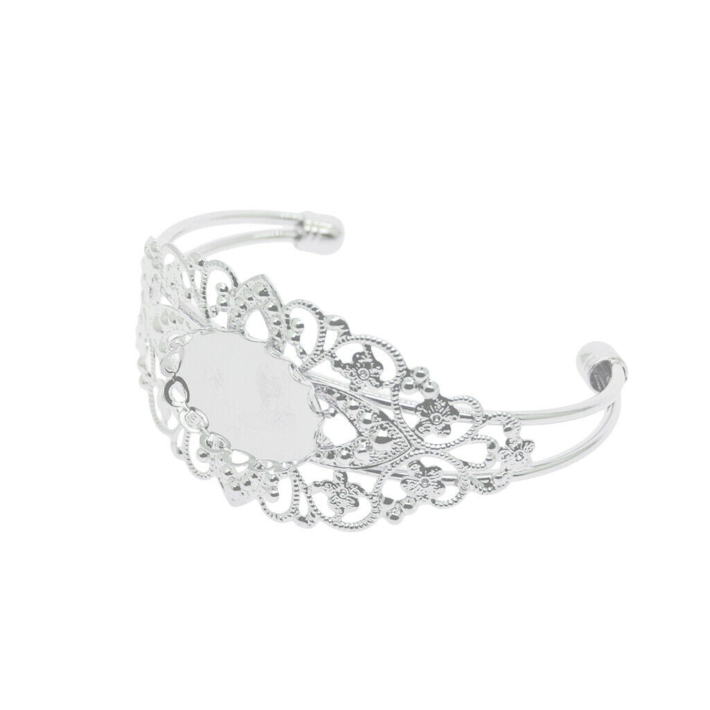 2 Pcs Filigree Flower Adjustable Bangle Blank Bezel Base Settings Bracelet