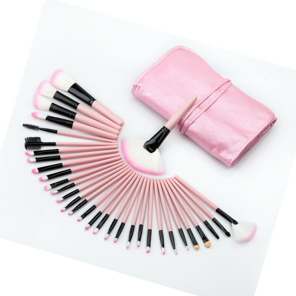 32x Pink Wood Make Up Brushes Kit Powder Concealers Blush Brush with Bag