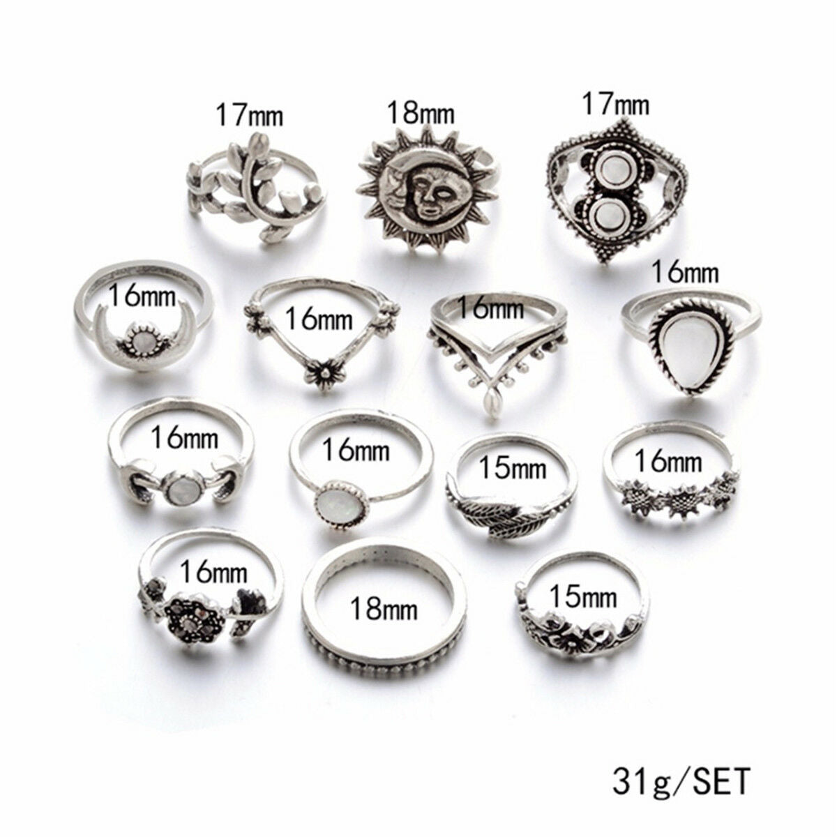 14 PCS/set BOHO Moon & Sun Knuckle Opal Finger Ring Set Leaf Flower Midi Rings