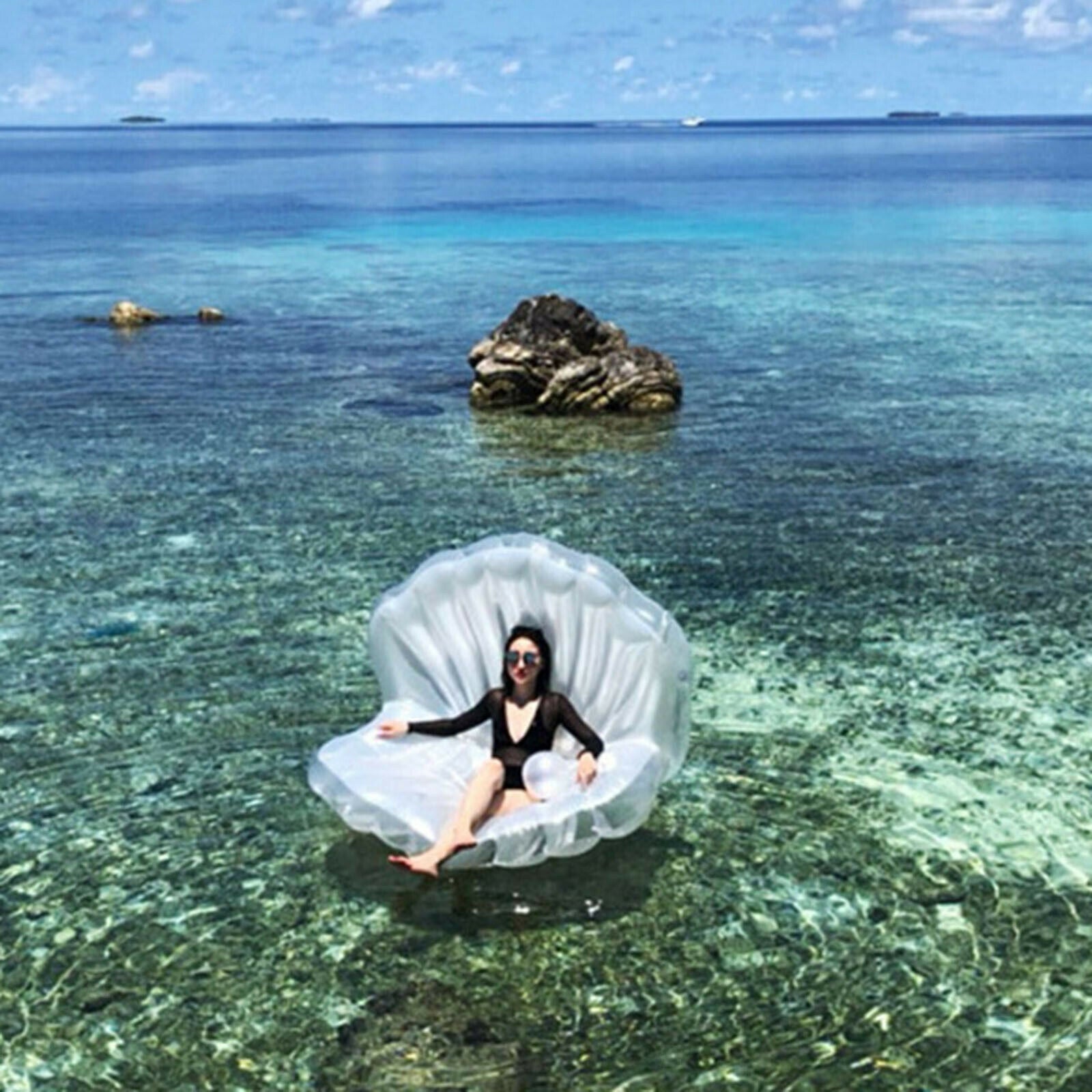 Inflatable Shell Pool Floats Beach Lounge Giant Floating Bed Water Outdoor