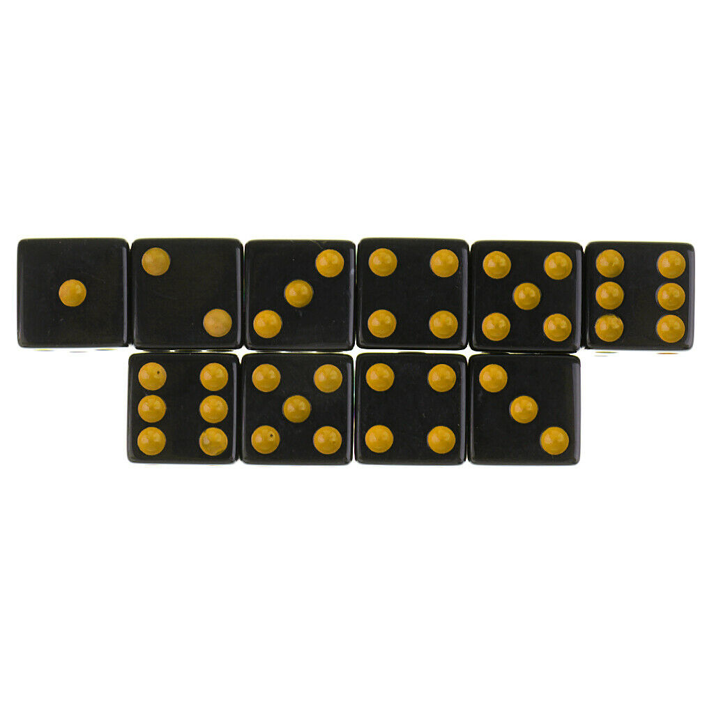 Set of 10 Six Sided Opaque D6 16mm Standard Dice Die Black with Yellow Pips