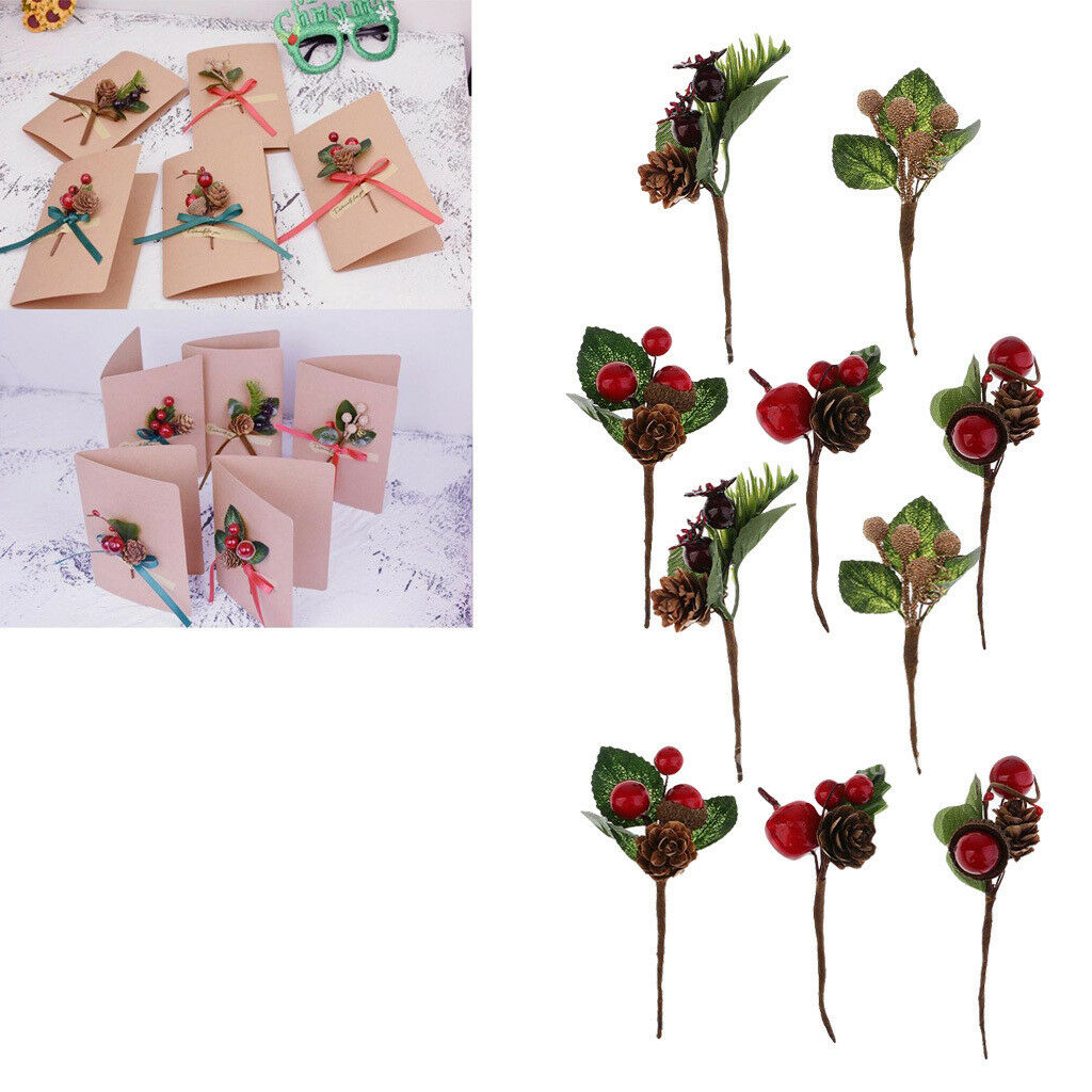 10x Mini Artificial Flowers Pine Cone Berries Wedding Card Decor DIY Bouquet