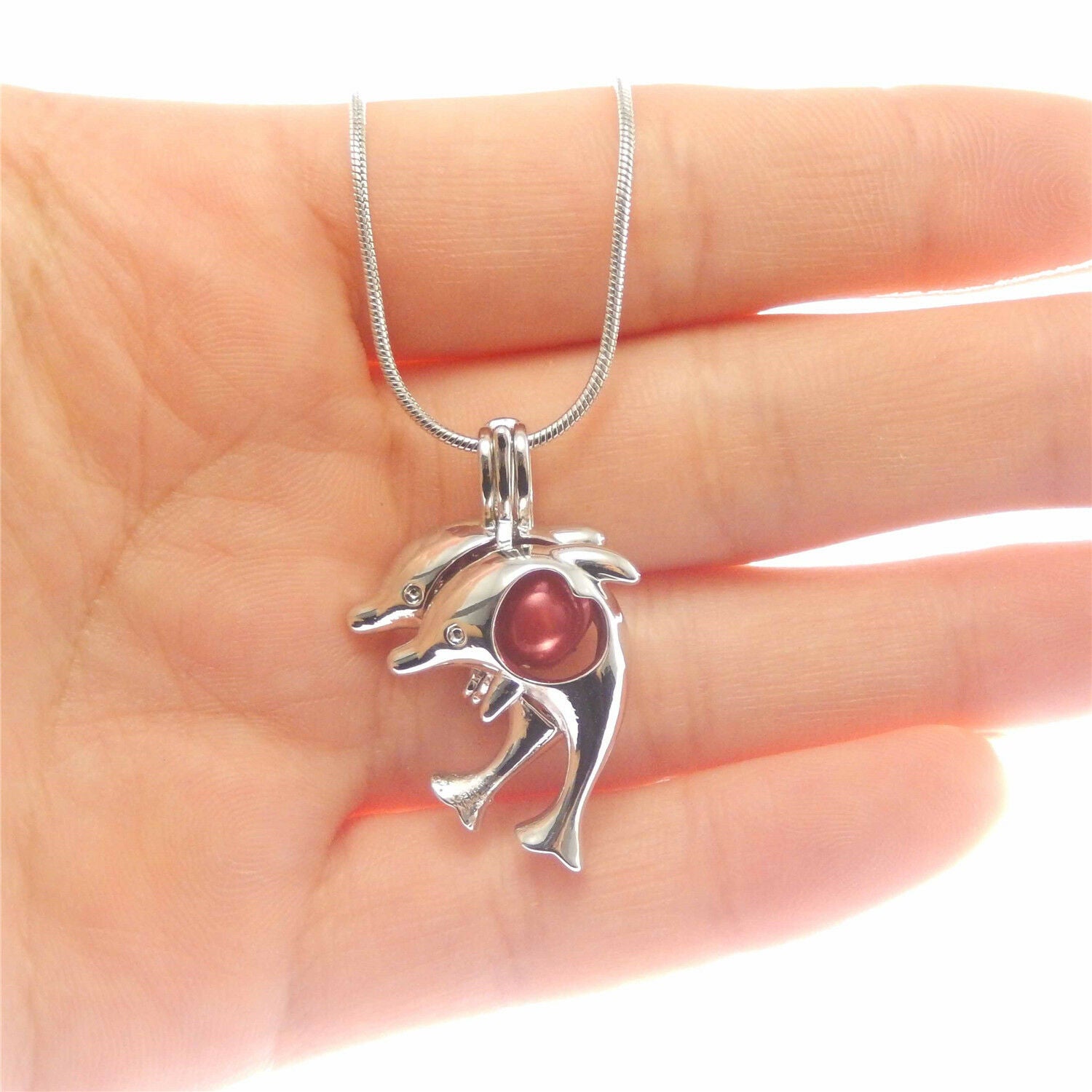 Fashion Womens Dolphins Look Locket Pearls & Beads Cage Pendant Necklace 50 CM