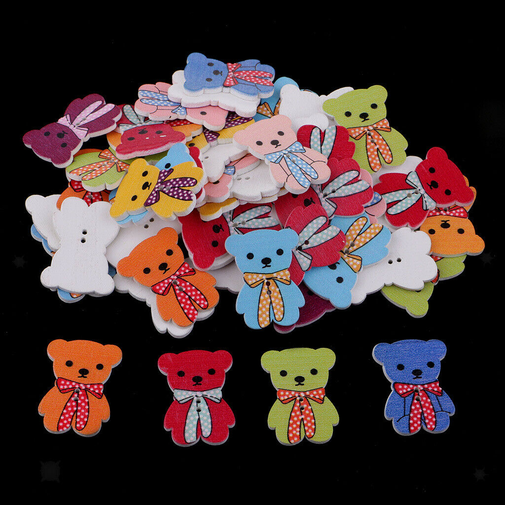 50Pcs Cute WOOD Cartoon Bear Wooden Buttons Kids Baby Cloth DIY Sewing Craft