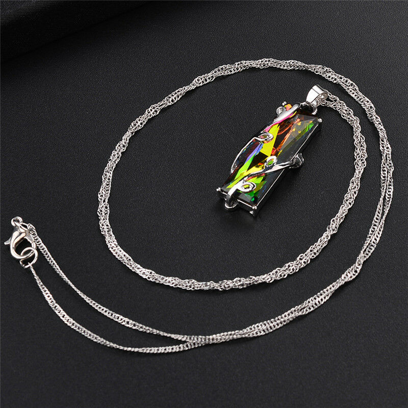Rainbow Crystal Rhinestone Charm Pendant Long Chain Necklace Bridal Jewelry  Gy