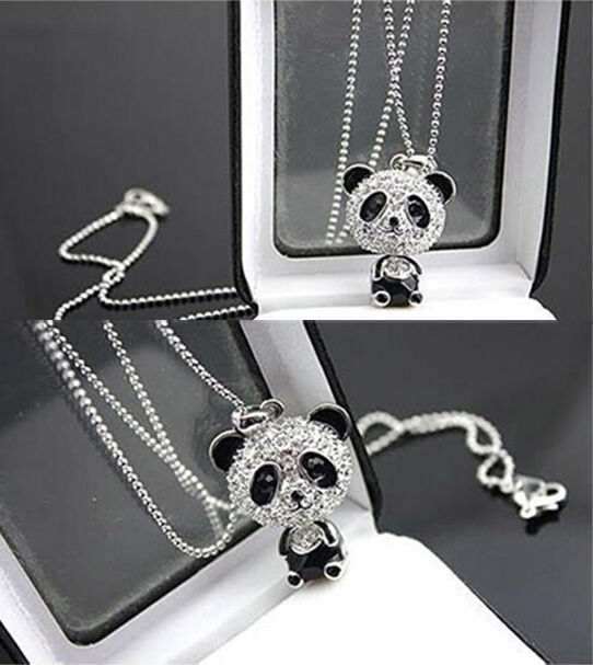 New Trendy Women's Full Rhinestone Novelty Panda Bear Pendant Necklace Jewelry