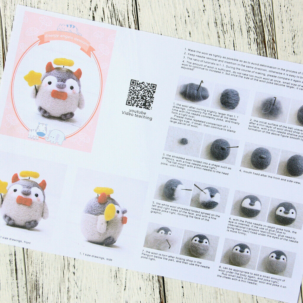 2pcs Craft DIY Penguin Needle Felting Kit 66s Pure Wool Felting Supplies